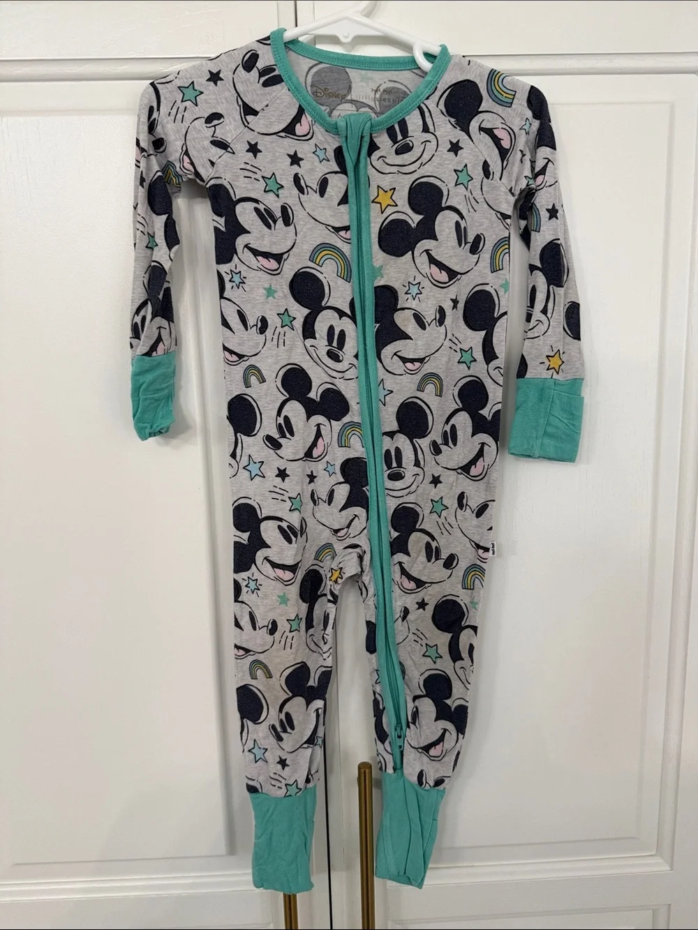 Disney x Little Sleepies Gray Mickey Mouse One-Piece Footie with Teal Trim